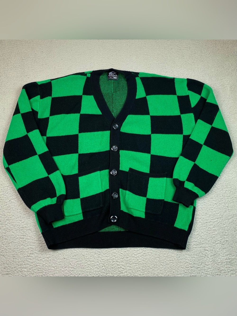 Steady Hands Cardigan Unisex Size M/L Green Checkered Knit Sweater Heavy *